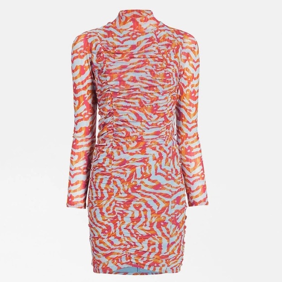 Circus Ivy blue and colorful zebra mesh runched long sleeve fitted dress - Picture 1 of 4